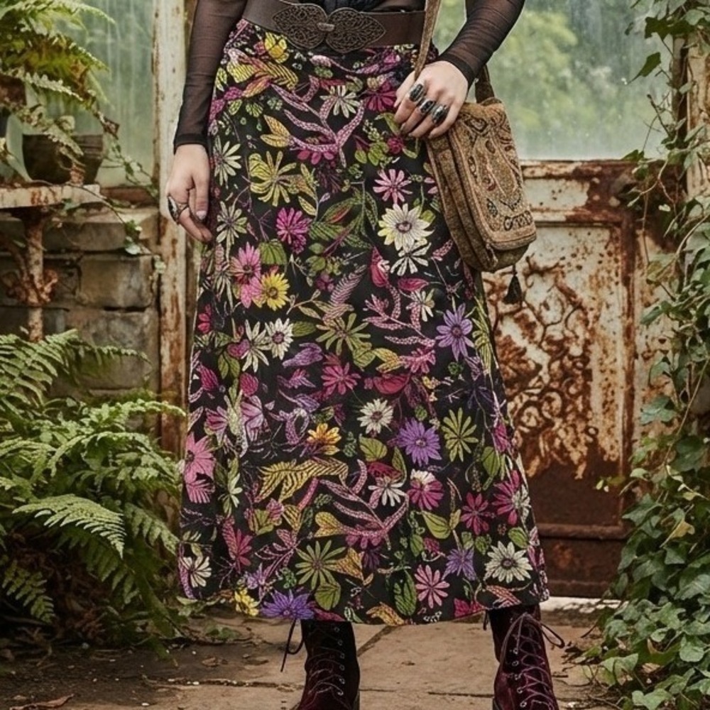 floral Maxi Skirt Black XL stretch whimsigoth fairy grunge boho botanical hippie - Picture 2 of 7